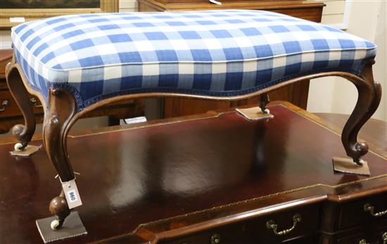 A large Victorian mahogany stool with blue gingham upholstered seat L.114cm